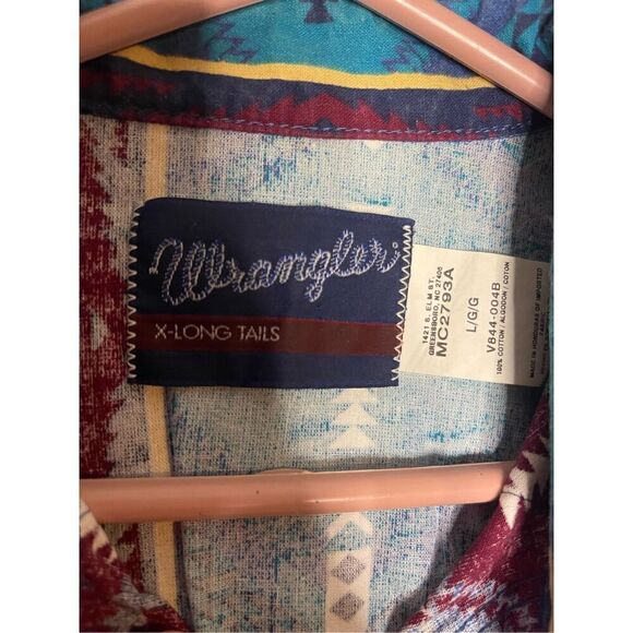 Vtg WRANGLER X-Long Tails Aztec Western Pearl Snap Button Down Shirt 80s 90s Siz - Picture 2 of 4